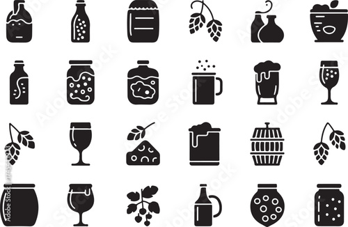 Collection of illustrated black and white beer and beverage icons for design and decoration