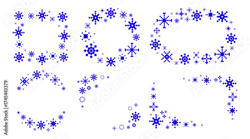 Winter Frames Made of Snowflakes in a simple style. Snowflake frames and borders for winter greeting cards, invitations, holiday designs, posters, social media graphics, and seasonal branding. Vector