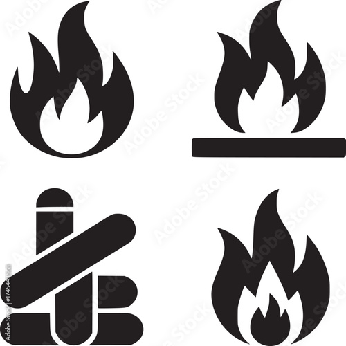 Four different black and white fire icons arranged in a square format on a white background image