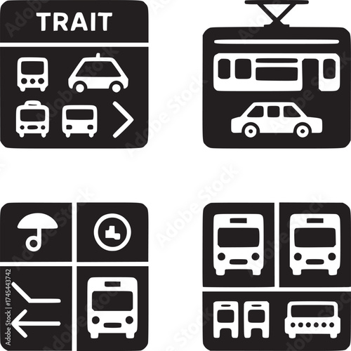 A collection of four black and white icons representing transportation and related information