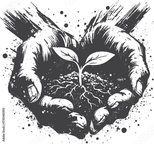 : This powerful image shows two hands gently cradling a small green plant growing in fertile soil, emphasizing themes of growth, care, and environmental connection