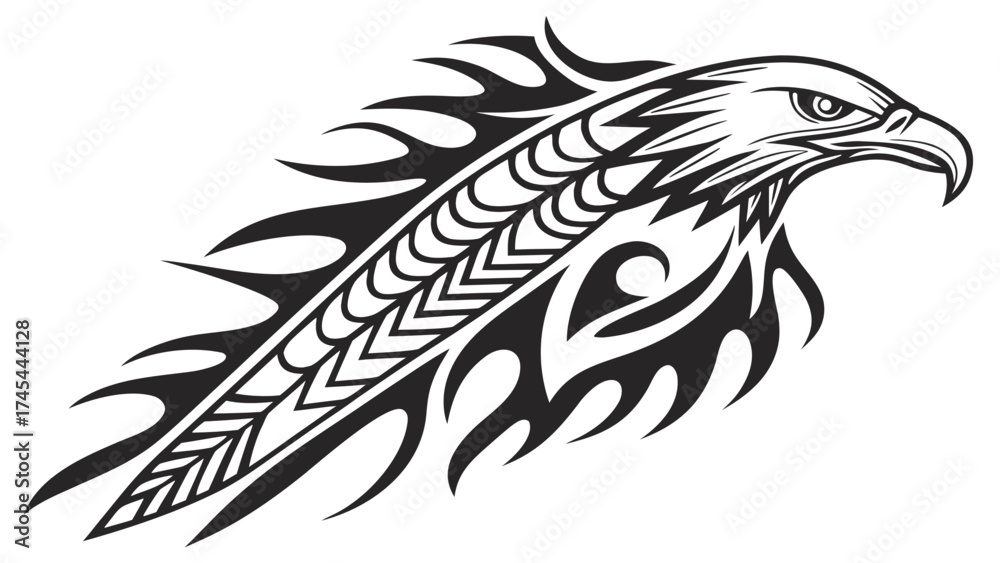 Fototapeta premium Stylized tribal eagle head design with intricate feather and flame patterns in black and white illustration