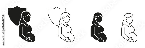 Pregnant Woman With Shield Line And Solid Icon Set. Insurance, Maternity Protection, Prenatal Care, And Health Safety Symbol Collection. Motherhood And Wellness. Isolated Vector Illustration