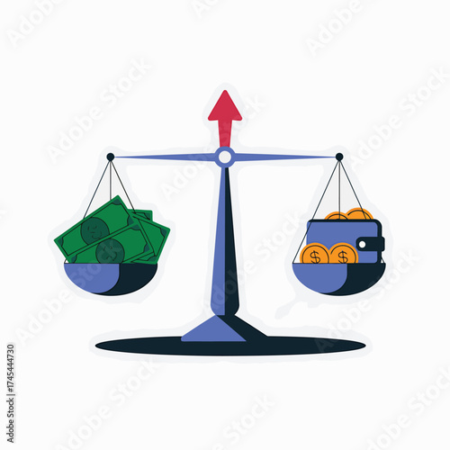 Vector art of a balance scale with money on one side and a wallet full of coins on the other, symbolizing financial balance and wealth management