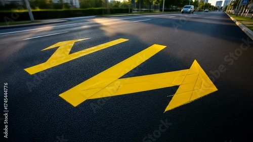 Yellow directional arrows painted on a city road at sunset with buildings nearby