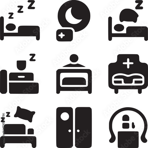Collection of sleeping and bedroom icons including beds moon closet and bedside table in black