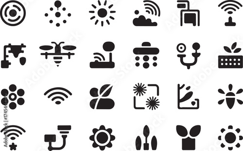 Collection of modern black and white icons depicting nature technology and wireless connectivity