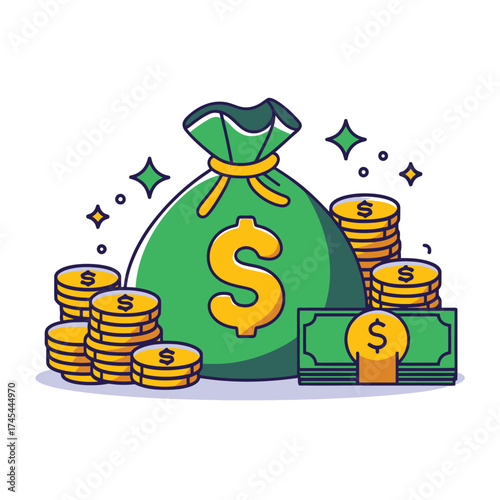 Vector art of green money bag with dollar sign and stacks of gold coins and banknotes, representing wealth and financial success