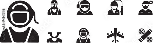 Collection of vectorized illustrations depicting various professions and occupations icons black and white