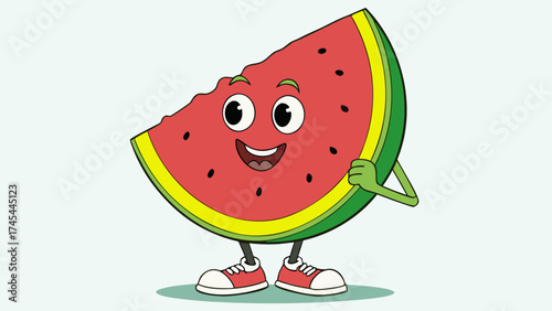 Cartoon watermelon slice with a face, arms, legs, and shoes standing on a white background image