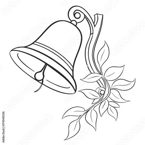 Illustration of a bell with floral accents featuring leaves and a decorative stem in black and white line art
