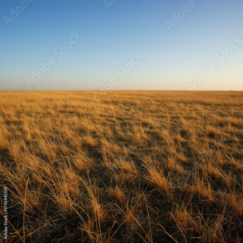 Vast Golden Wheat Field under Clear Blue Sky on a Sunny Day at Golden Hour