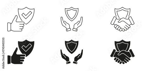 Hand Gestures With Shield Line And Solid Icon Set. Security, Trust, And Protection Symbol Collection. Business Assurance And Safety Representation. Isolated Vector Illustration