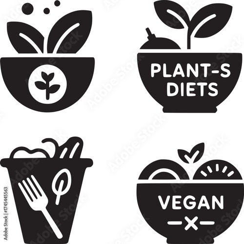 Collection of four black and white vegan and plant based diet icons in a square arrangement