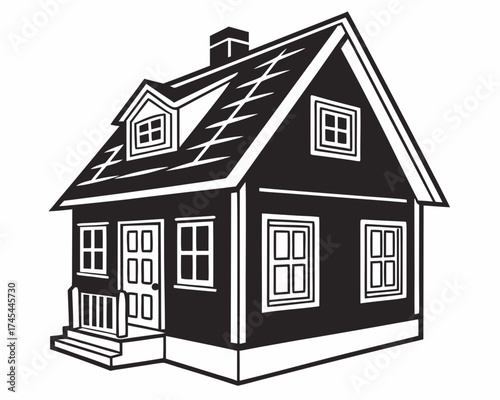 Illustration of a two story house with a chimney dormer windows and a front porch in black and white