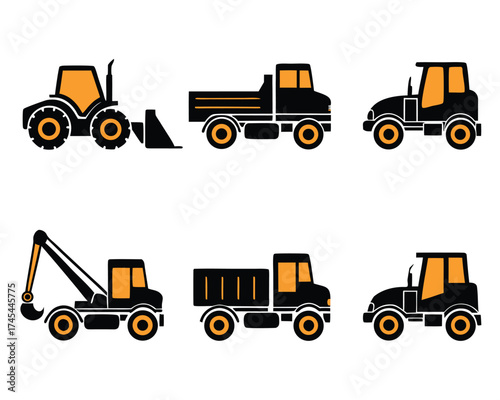 Black and orange heavy construction vehicle icons including front loader, dump trucks, excavator, and road rollers, ideal for industrial projects.
