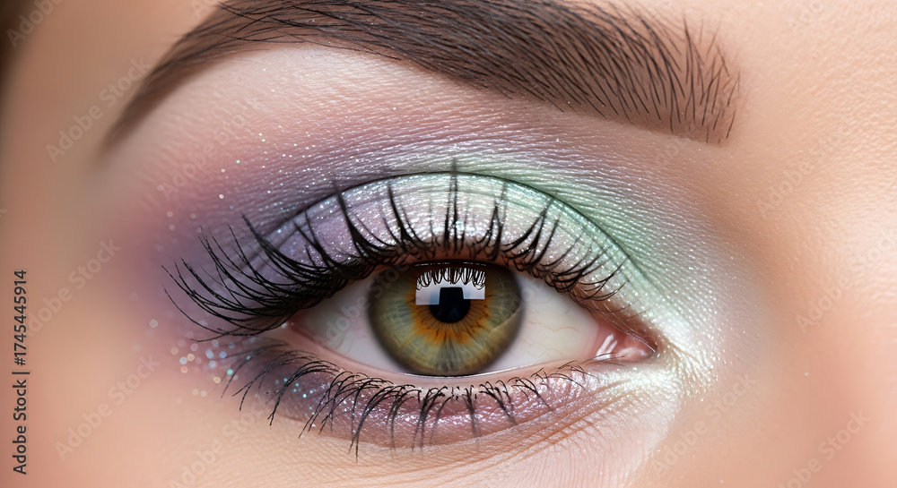 Obraz premium Mesmerizing eye with artistic pastel eyeshadow in shimmering purples and greens, paired with lush, dark eyelashes, emphasizing sophisticated beauty and cosmetic elegance for a captivating gaze