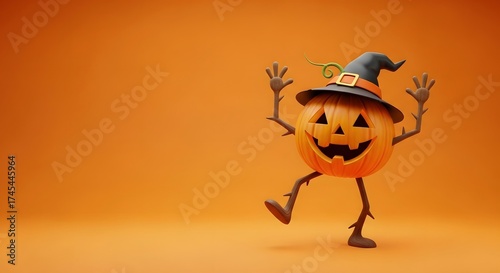 A playful Halloween pumpkin wearing a witchs hat cheerfully dances against an orange backdrop, festive.