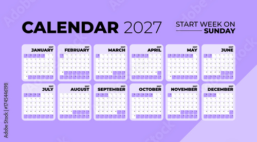 Calendar 2027 application style and the week starts on Sunday