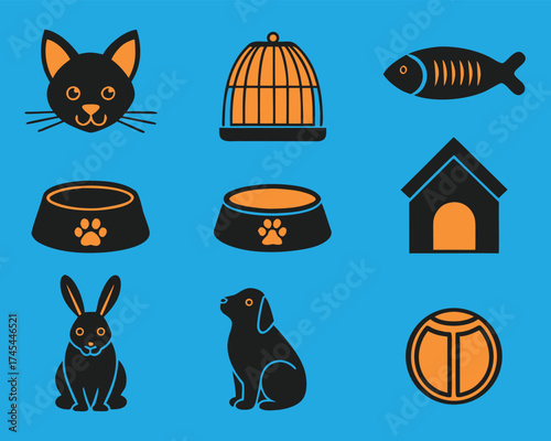 Pet animal icon set with cat, dog, rabbit, fish, bird cage, food bowls, dog house, and toy in black and orange on blue.