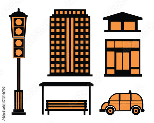 Urban street scene elements in flat design style including a traffic light, skyscraper, house, shop, bus stop, and car vector illustration.
