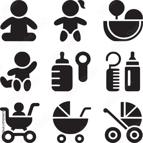 Collection of baby related icons including baby figures bottles and strollers in black silhouette style