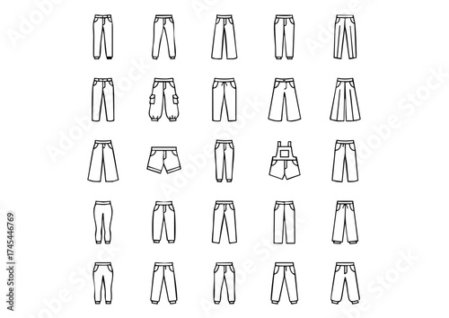 Monochrome Pants and Trousers Vector Icons, Thick Line Art Apparel Icon Set: Bottoms Collection, 25 Black & White Fashion Icons: Trousers & Jeans