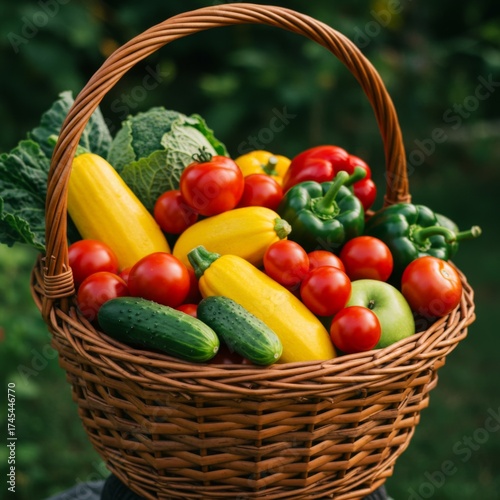 Wicker Basket Filled with Fresh Vegetables in Natural Light on Blurry Green Background