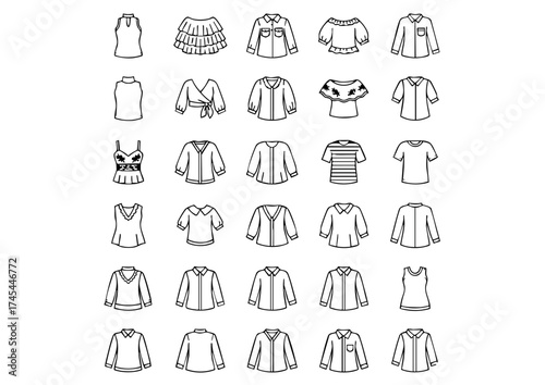 Black and White Vector Fashion Icons, Minimalist Garment and Footwear Outline Collection, Apparel and Shoe Iconography in Thick Line Art
