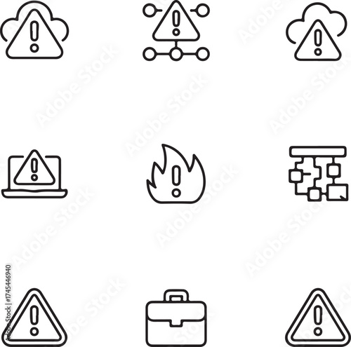 Cybersecurity and network vulnerability icons set in outline style vector illustration
