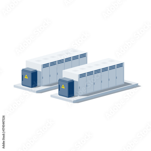 Rechargeable battery energy storage power bank stationary for renewable energy. Industry utility scale system for electricity distribution transmission grid. Isolated vector illustration on white. 