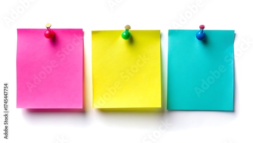 Three colorful sticky notes pinned to a white background with a pushpin in each one