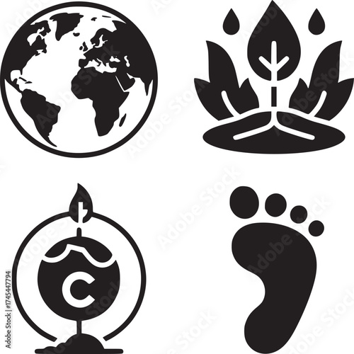 Four black and white icons depicting earth, plant with drops, carbon candle, and footprint on white