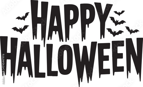 Happy Halloween creepy dripping letters with flying bats vector illustration