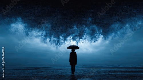 Visual effects of bullying with storm of hurtful words concept. A person stands alone under a dark, stormy sky with an umbrella.