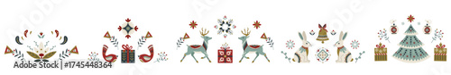 Set of charming symmetrical folk Christmas illustrations with deer, birds, rabbit, gifts and festive tree. Scandinavian style in trendy tones. Cozy holiday vector for cards, posters and winter decor