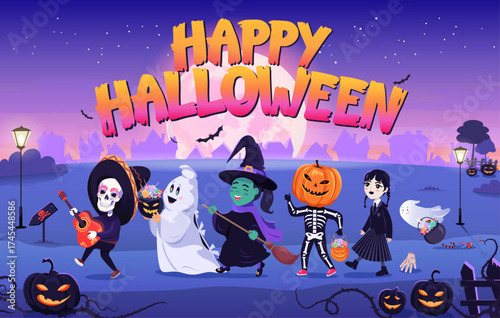 Funny cute children wearing Halloween costumes and walking down the street looking for candy.