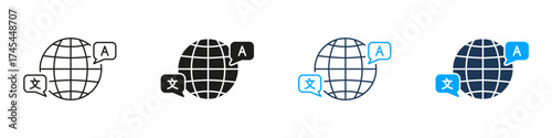 Global Translation Network Line And Solid Icon Set. Planet And Multilingual Chat Bubble Symbol Collection For International Communication And Language Localization. Isolated Vector Illustration