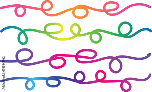 Four vibrant rainbow gradient lines swirl and loop in a playful abstract design