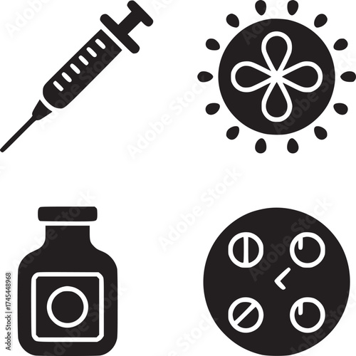 Black and white icons depicting a syringe a virus a medicine bottle and a pill container illustration