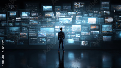 Creative director observing virtual holograms of ad campaigns and social media posts generated by A