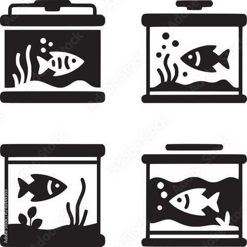 Four black and white aquarium icons featuring fish and seaweed in a simple vector graphic style