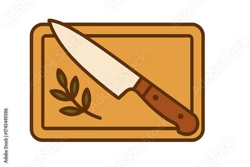 Stylized vintage chef knife and olive sprig resting on a wooden cutting board background
