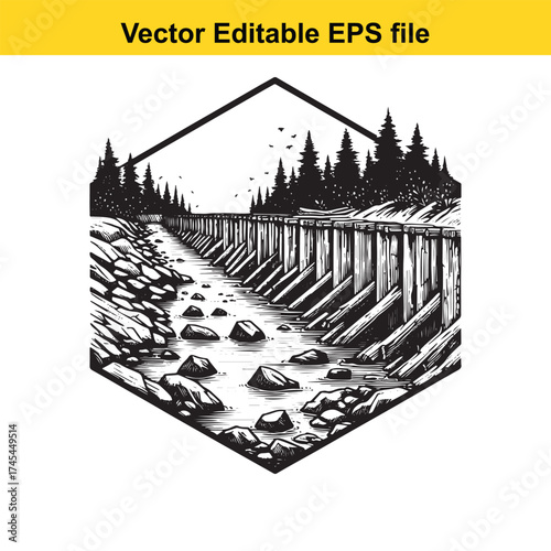 Vector art of water channel with wooden posts and rocks