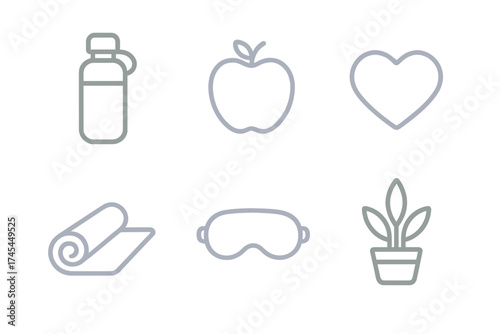 Outline icons set for wellness, self-care, fitness, nutrition, and relaxation symbols