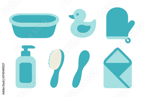 Essential items set for newborn baby care and bathing routine including tub, soap, and bath toys