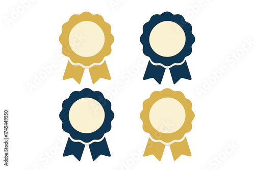 Set of four blank rosette award badges with ribbons in gold and dark blue colors