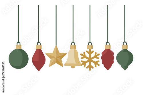 Hanging Christmas ornaments collection featuring baubles star bell and snowflake