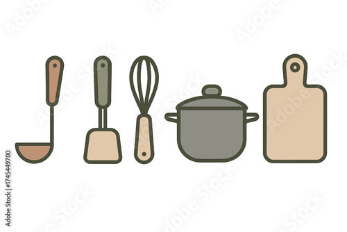 Cooking tools set with saucepan, whisk, ladle, spatula, and cutting board