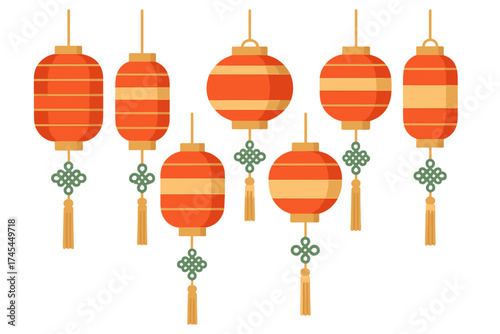 Festive arrangement of traditional Asian paper lanterns with decorative tassels
